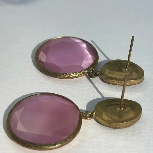 Pink and green stone Gold Drop dangle Earrings artisan vintage - Picture 10 of 11